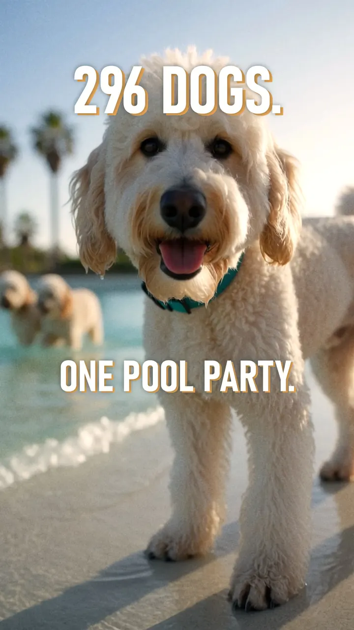 A happy doodle on the beach under the headline 296 dogs, one pool party