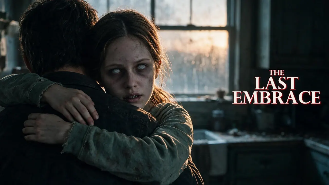 A father holds his zombie daughter in a ruined kitchen