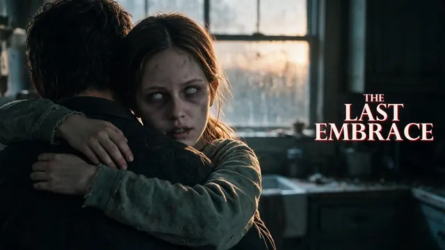 A father holds his zombie daughter in a ruined kitchen
