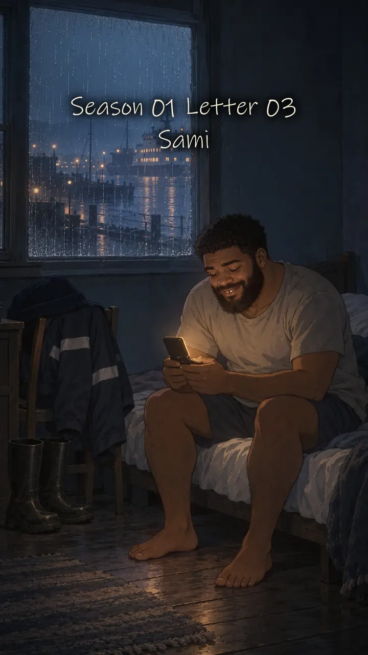 A painted man reads his phone on the edge of his bed at night