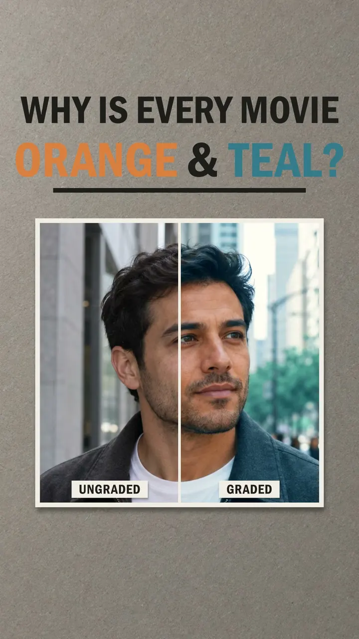 A face split into ungraded and graded halves under the title Why is every movie orange and teal?
