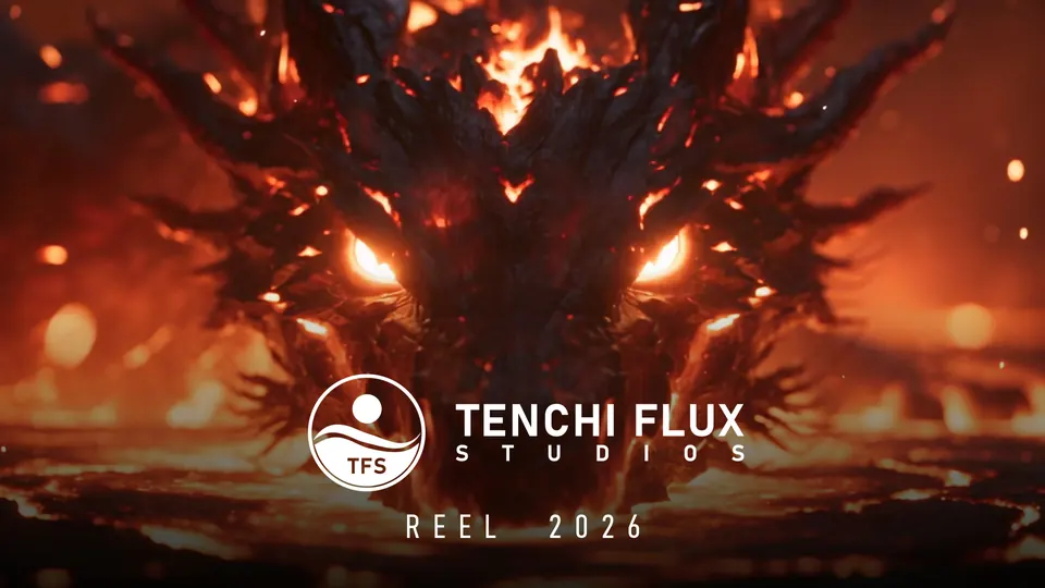 An ember dragon with the Tenchi Flux Studios logo and REEL 2026